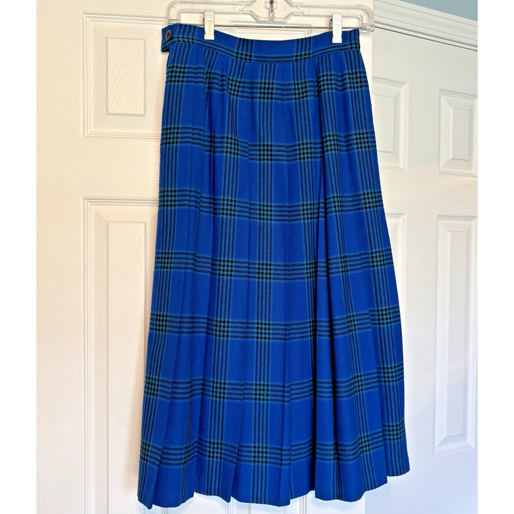Pendleton Vintage Wool Plaid Tartan Midi Skirt Women 8 Blue Black Wool USA